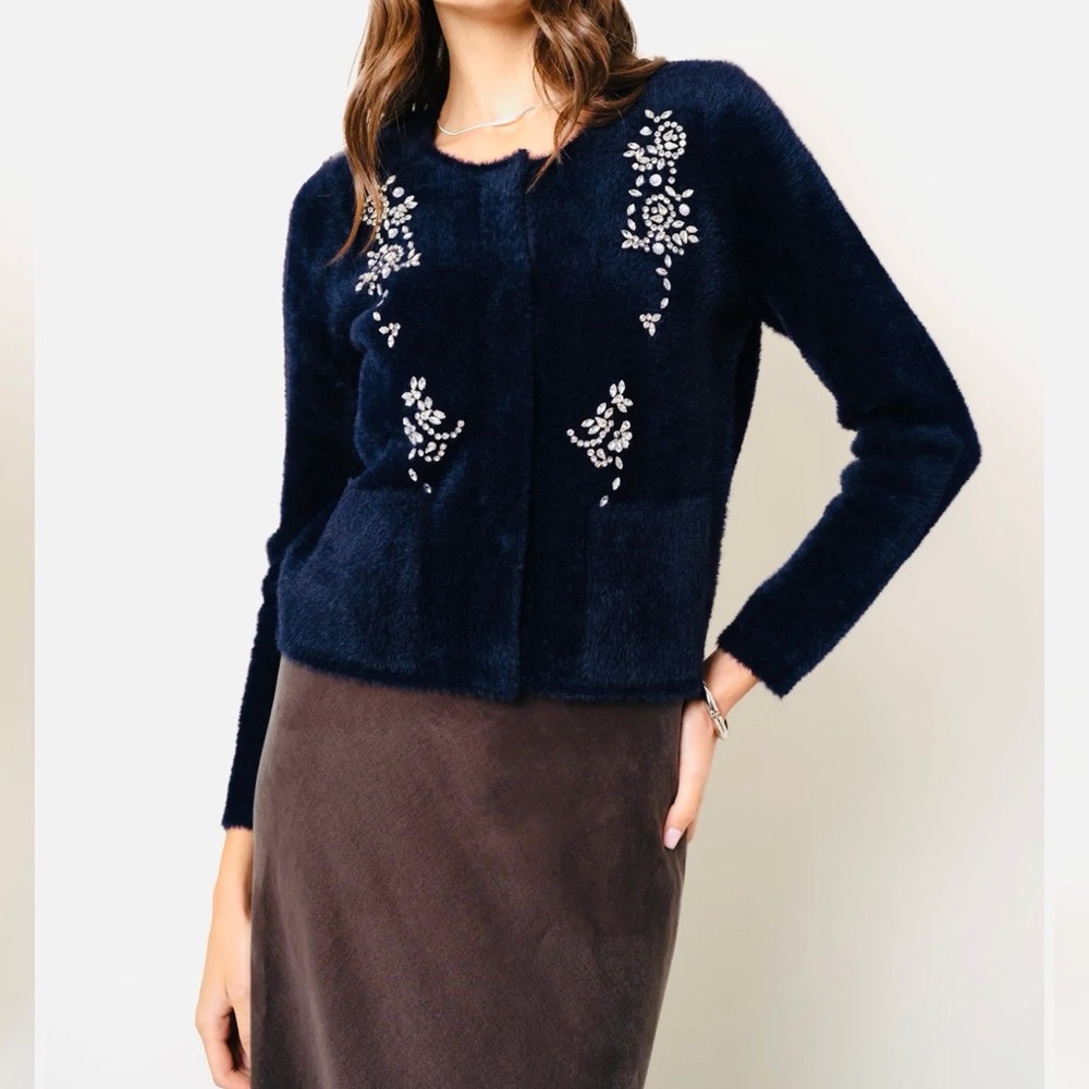 Cyrus faux fur extra soft cardigan in midnight blue with jeweled accents